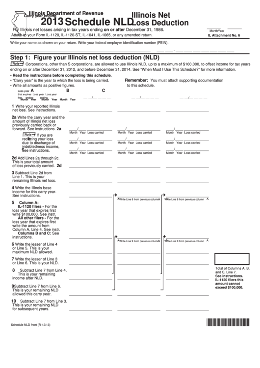 Fillable Schedule Nld - Llinois Net Loss Deduction - 2013 Printable pdf