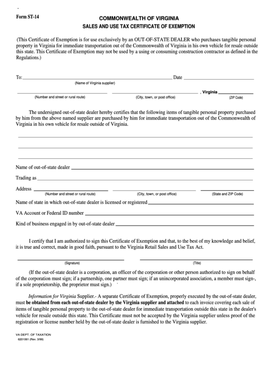 Fillable Form St-14 - Commonwealth Of Virginia Sales And Use Tax Certificate Of Exemption Printable pdf
