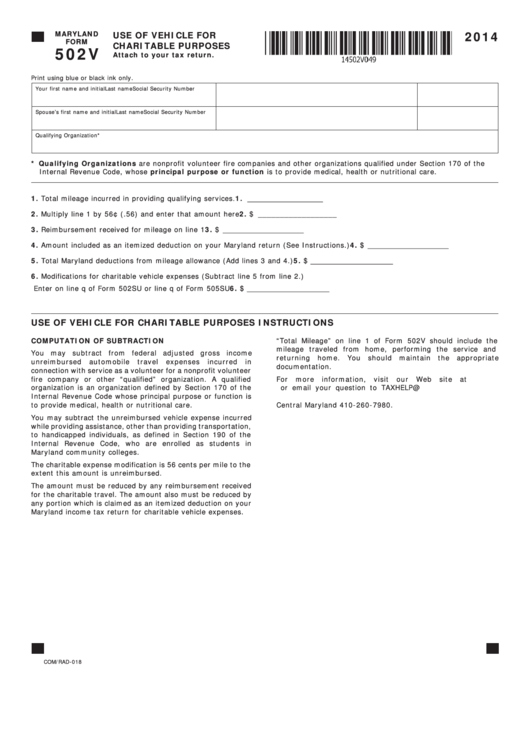 Fillable Maryland Form 502v - Use Of Vehicle For Charitable Purposes - 2014 Printable pdf