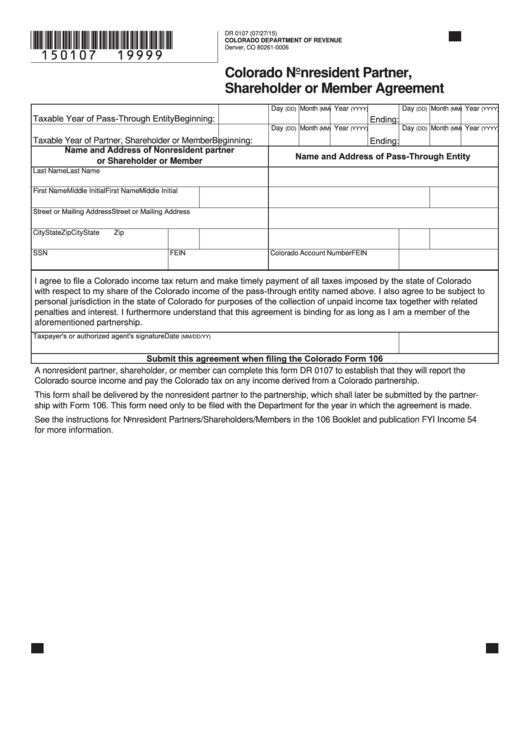 Fillable Form Dr 0107 - Colorado Nonresident Partner, Shareholder Or Member Agreement Printable pdf