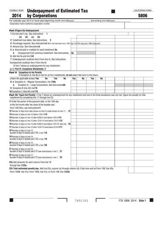 California Form 5806 - Underpayment Of Estimated Tax By Corporations - 2014 Printable pdf