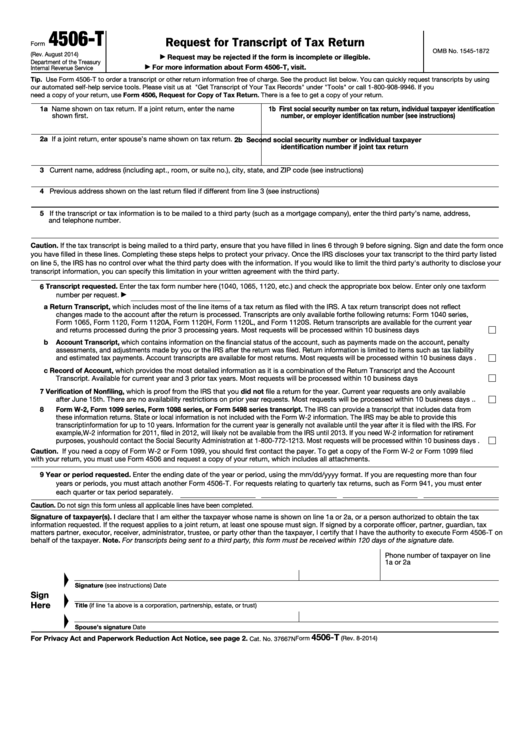 Fillable Form 4506 T Request For Transcript Of Tax Return Printable Pdf Download