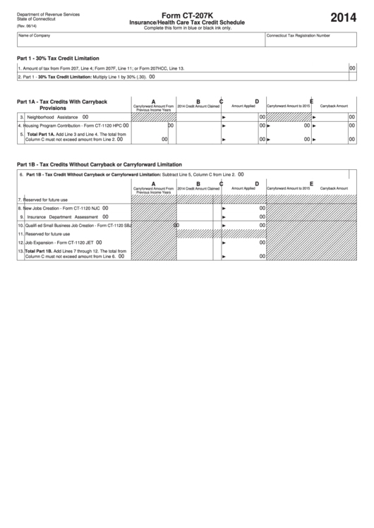 Form Ct-207k - Insurance/health Care Tax Credit Schedule - 2014 Printable pdf