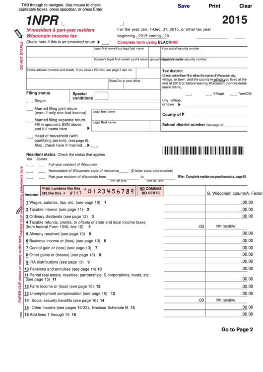 Fillable Form 1npr - Nonresident And Part-Year Resident Wisconsin Income Tax - 2015 Printable pdf