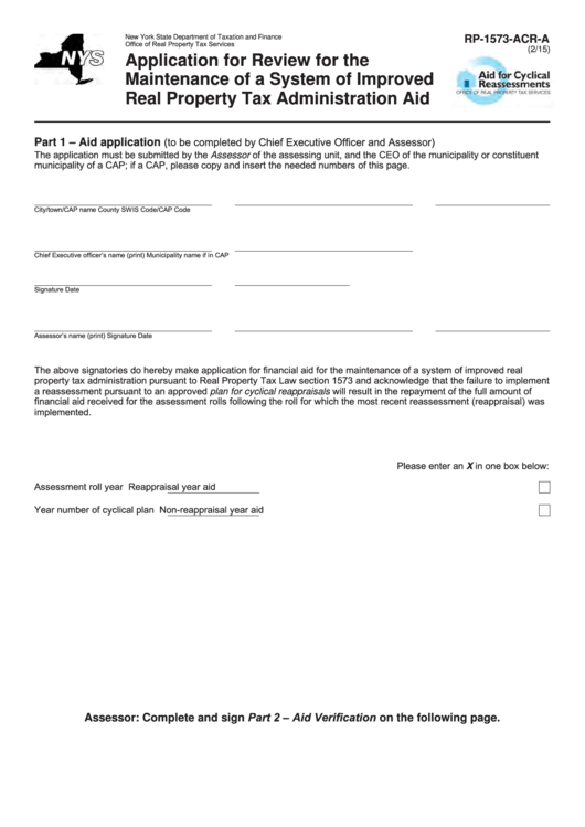 Fillable Form Rp-1573-Acr-A - Application For Review For The Maintenance Of A System Of Improved Real Property Tax Administration Aid Printable pdf