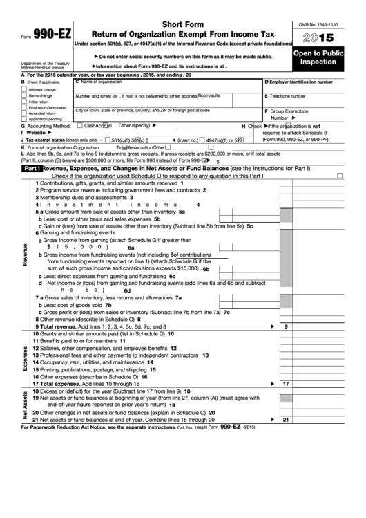 Form 990-ez - Short Form Return Of Organization Exempt From Income Tax - 2015