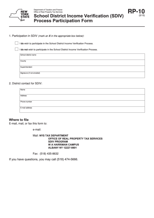Fillable Form Rp-10 - School District Income Verification (Sdiv) Process Participation Form Printable pdf