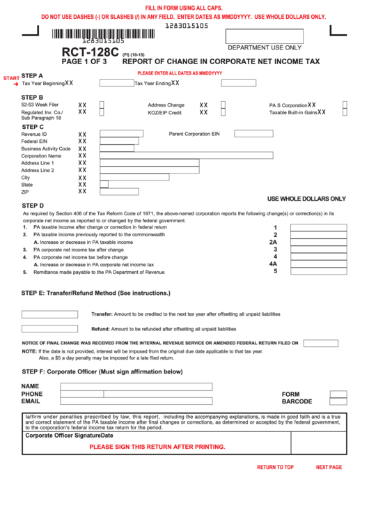 Fillable Form Rct-128c - Report Of Change In Corporate Net Income Tax Printable pdf