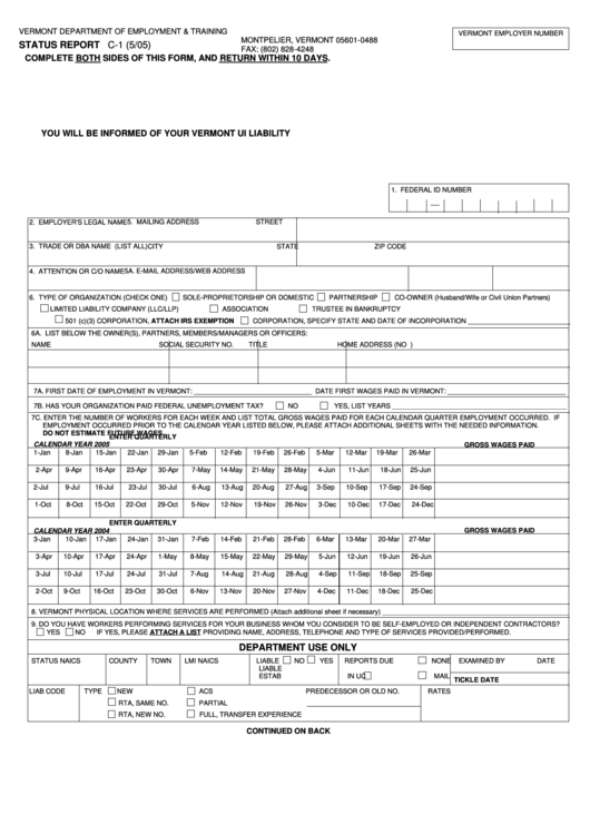 Fillable Form C-1 - Status Report - Vermont Department Of Employment & Training Printable pdf