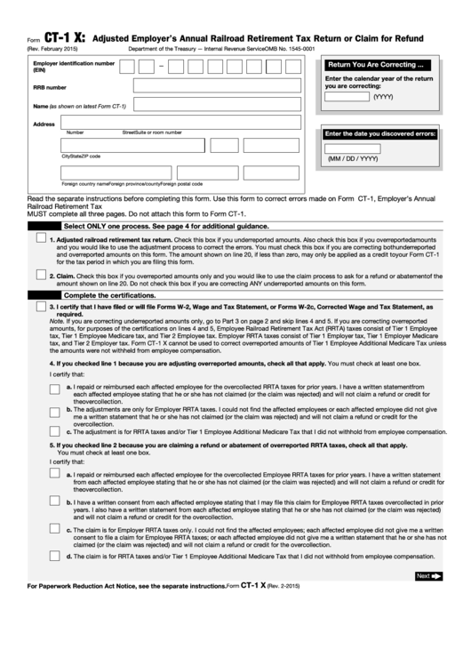 Form Ct-1 X - Adjusted Employer's Annual Railroad Retirement Tax Return Or Claim For Refund