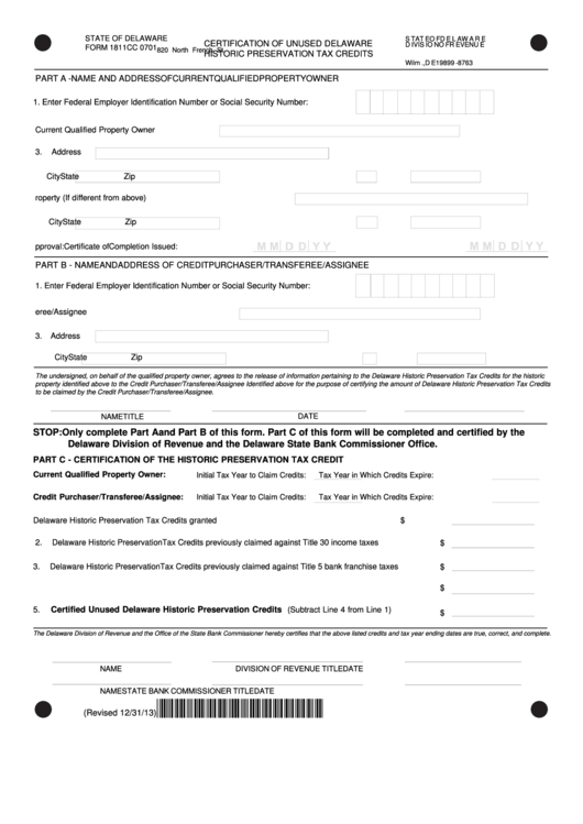 Form 1811cc - Certification Of Unused Delaware Historic Preservation Tax Credits Printable pdf