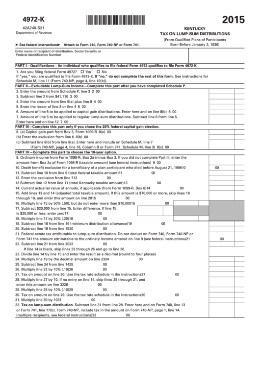 Fillable Form 4972-K (State Form 42a740-S21) - Kentucky Tax On Lump-Sum Distributions - 2015 Printable pdf