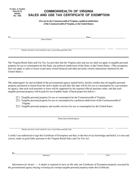 Fillable Form St-12 - Sales And Use Tax Certificate Of Exemption Printable pdf