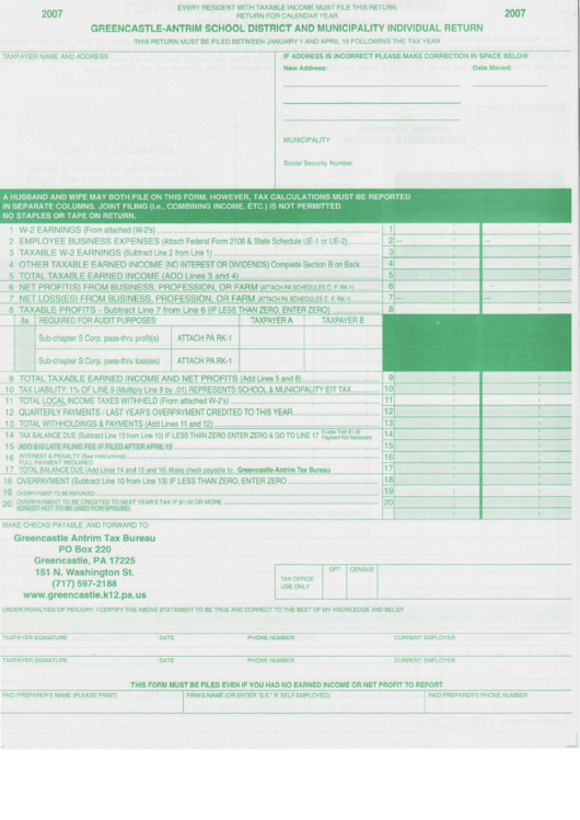 Greencastle-Antrim School District And Municipality Individual Return - 2007 Printable pdf