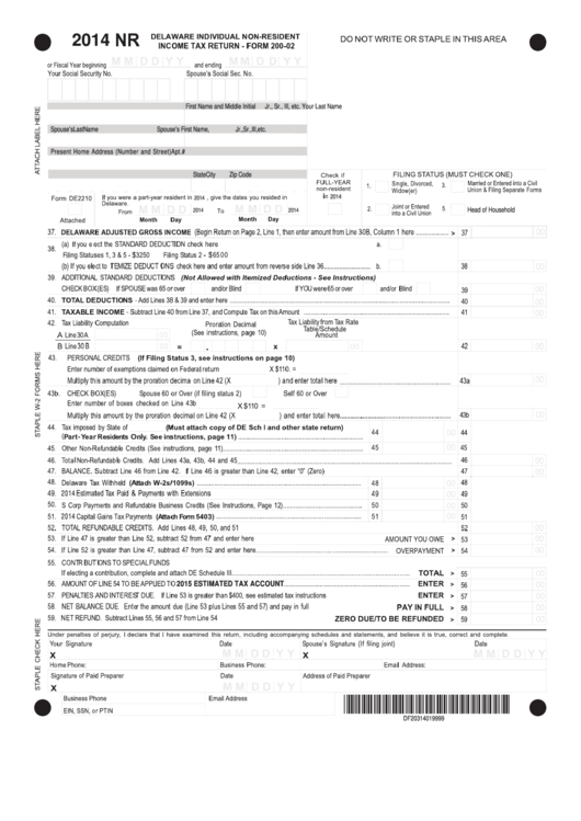 Fillable Form 200-02 - Delaware Individual Non-Resident Income Tax Return - 2014 Printable pdf