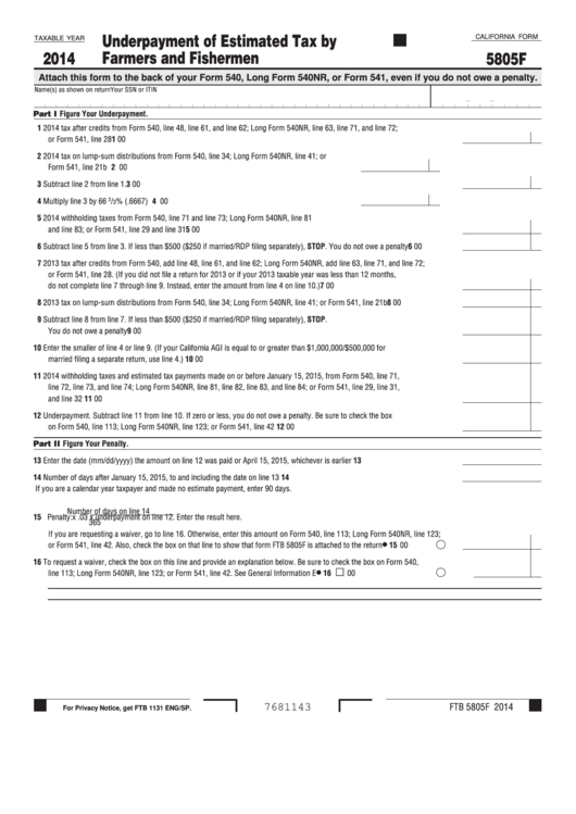 California Form 5805f - Underpayment Of Estimated Tax By Farmers And Fishermen - 2014 Printable pdf