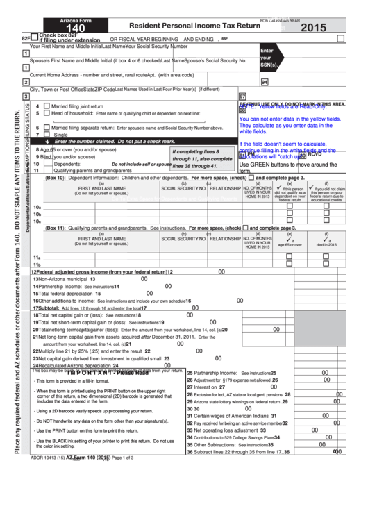 Arizona Form 140 - Resident Personal Income Tax Return - 2015