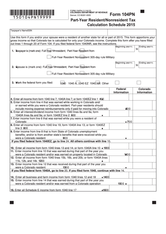 Form 104pn - Part-year Resident/nonresident Tax Calculation Schedule - 2015