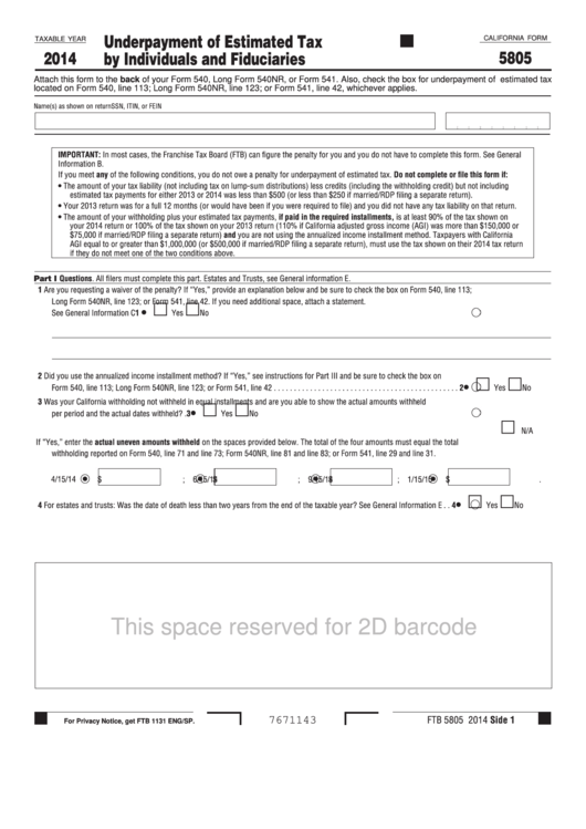 California Form 5805 - Underpayment Of Estimated Tax By Individuals And Fiduciaries - 2014 Printable pdf