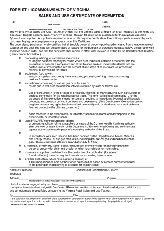Fillable Form St-11 - Sales And Use Certificate Of Exemption Printable pdf