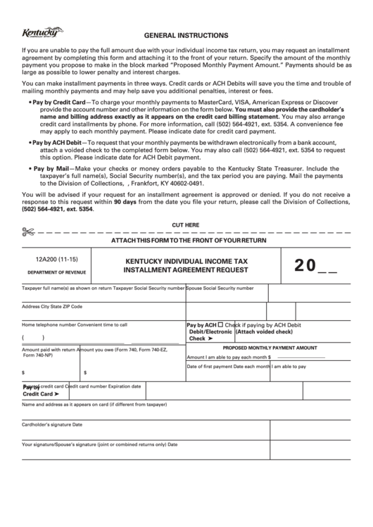 Fillable Form 12a200 - Kentucky Individual Income Tax Installment Agreement Request Printable pdf