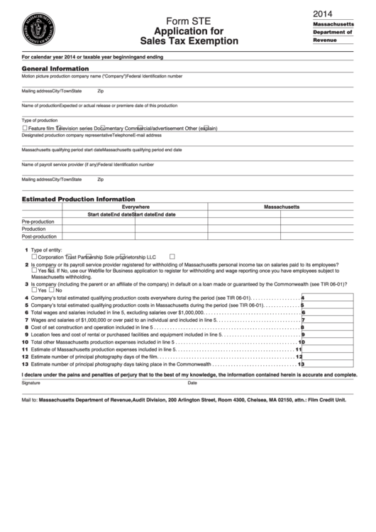 Form Ste - Application For Sales Tax Exemption - 2014 Printable pdf