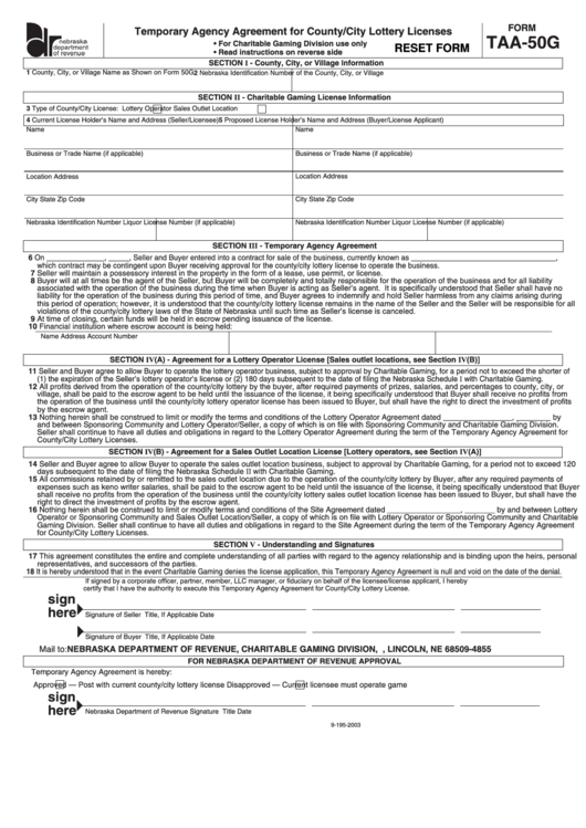 Fillable Form Taa-50g - Temporary Agency Agreement For County/city Lottery Licenses Printable pdf