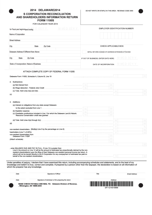 Fillable Form 1100s - S Corporation Reconciliation And Shareholders Information Return - 2014 Printable pdf