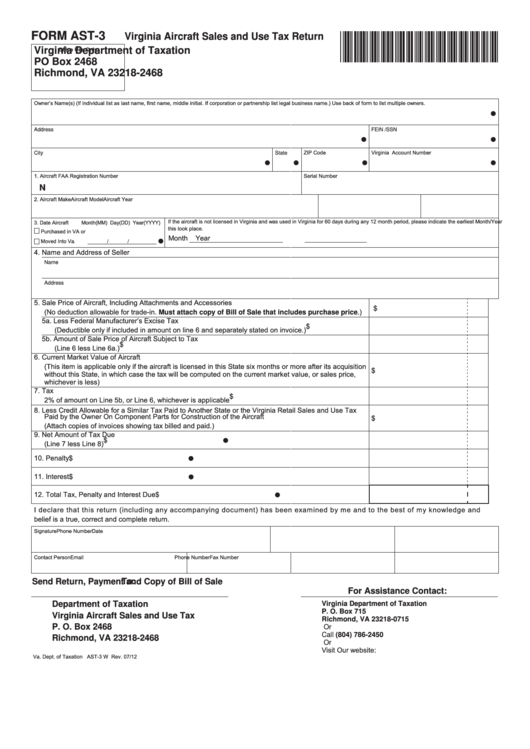 Fillable Form Ast-3 - Virginia Aircraft Sales And Use Tax Return Printable pdf
