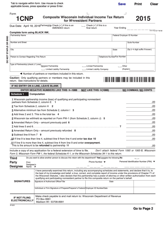 Fillable Form 1cnp - Composite Wisconsin Individual Income Tax Return For Nonresident Partners - 2015 Printable pdf