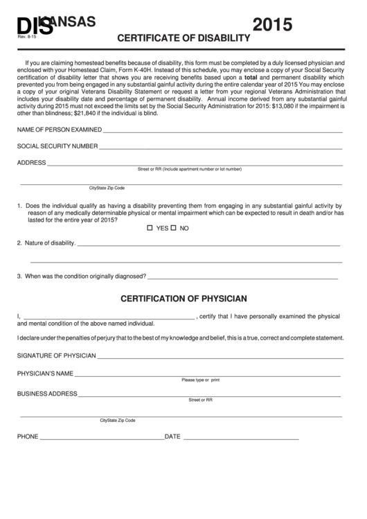Fillable Form Dis - Kansas Certificate Of Disability - 2015 Printable pdf