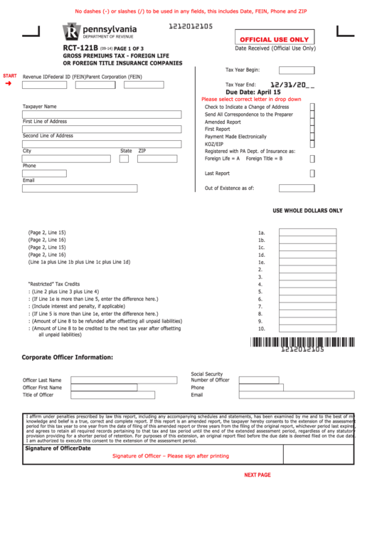 Fillable Form Rct-121b - Gross Premiums Tax-Foreign Life Or Foreign Title Insurance Companies Printable pdf