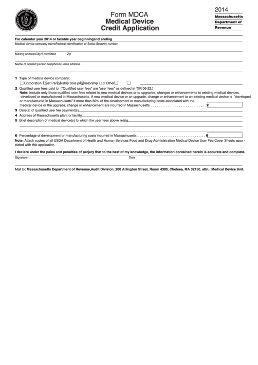 Form Mdca - Medical Device Credit Application - 2014 Printable pdf