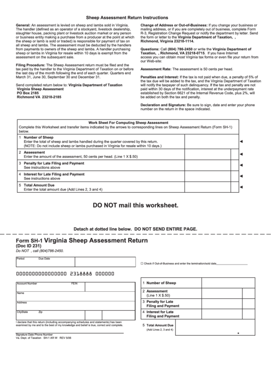 Fillable Form Sh-1 - Virginia Sheep Assessment Return Printable pdf