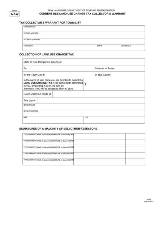 Fillable Form A-5w - Current Use Land Use Change Tax Collector