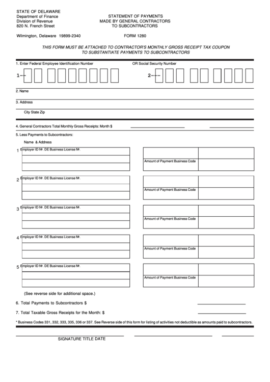 Fillable Form 1280 - Statement Of Payments Made By General Contractors To Subcontractors Printable pdf