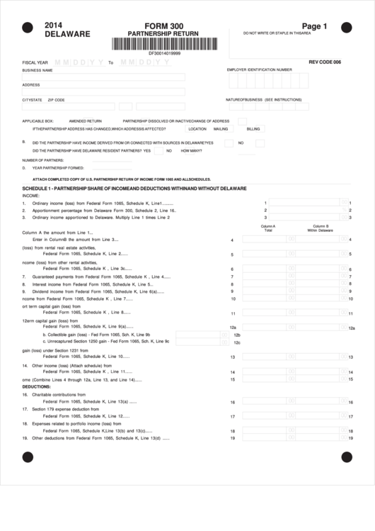 Fillable Form 300 - Partnership Return - 2014 Printable pdf