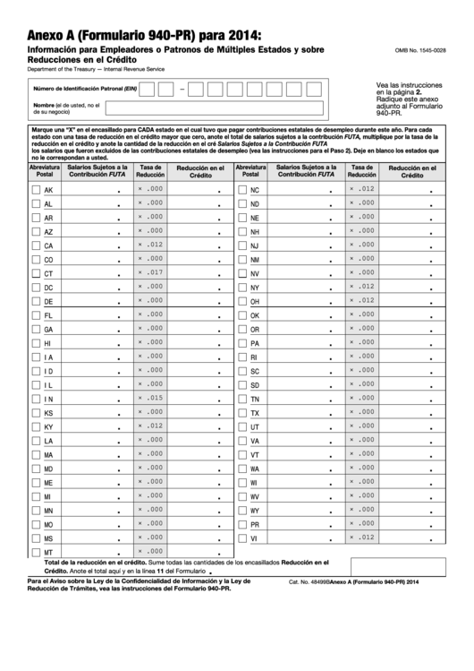 Fillable Anexo A (Formulario 940-Pr) - Informacion Para Empleadores O Patronos De Multiples Estados Y Sobre Reducciones En El Credito - 2014 Printable pdf