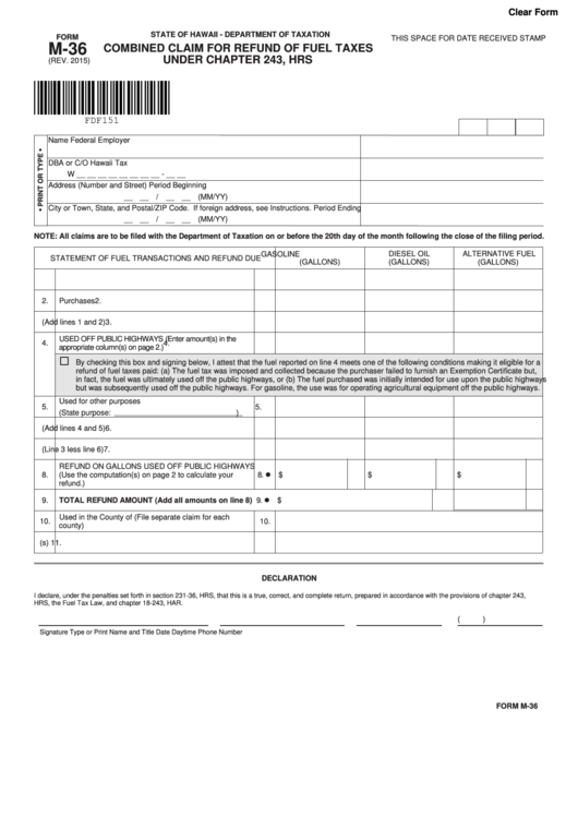 Fillable Form M-36 - Combined Claim For Refund Of Fuel Taxes Under Chapter 243, Hrs Printable pdf