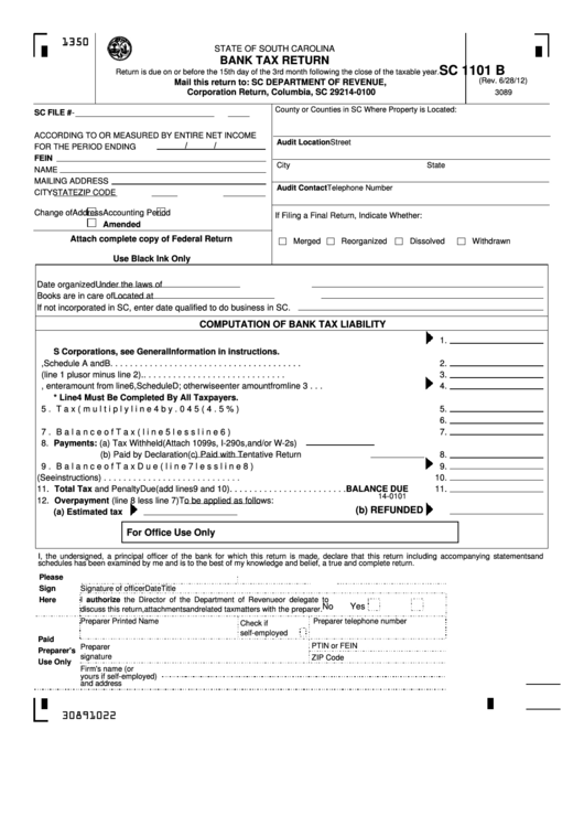 Fillable Form Sc 1101 B - Bank Tax Return Printable pdf