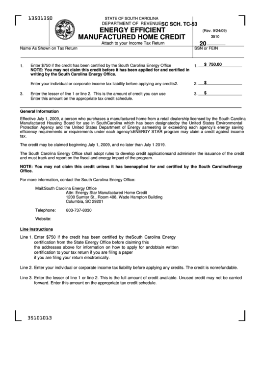 Form Sc Sch. Tc-53 - Energy Efficient Manufactured Home Credit Printable pdf
