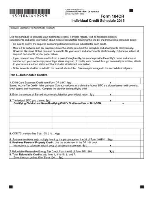 Fillable Form 104cr - Individual Credit Schedule - 2015 Printable pdf