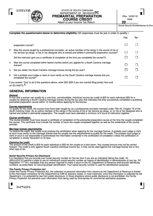 Fillable Form Sc Sch.tc-32 - Premarital Preparation Course Credit Printable pdf