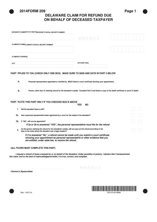 Fillable Form 209 - Delaware Claim For Refund Due On Behalf Of Deceased Taxpayer - 2014 Printable pdf