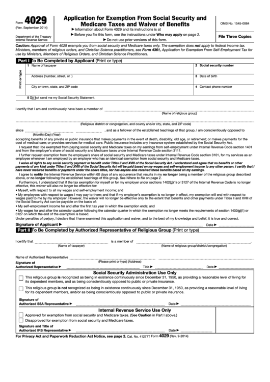 Fillable Form 4029 - Application For Exemption From Social Security And Medicare Taxes And Waiver Of Benefits Printable pdf
