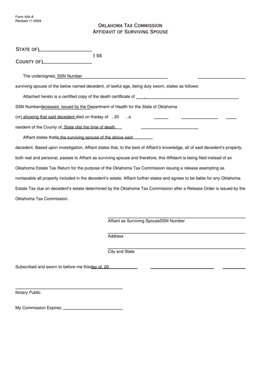 Fillable Form 454-A - Oklahoma Tax Commission Affidavit Of Surviving Spouse Printable pdf