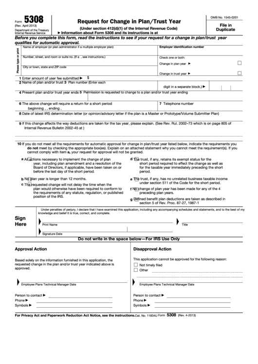 Fillable Form 5308 - Request For Change In Plan/trust Year Printable pdf
