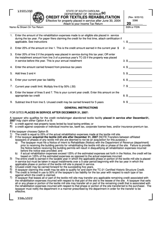 Form Sc Sch.tc-23 - Credit For Textiles Rehabilitation Printable pdf