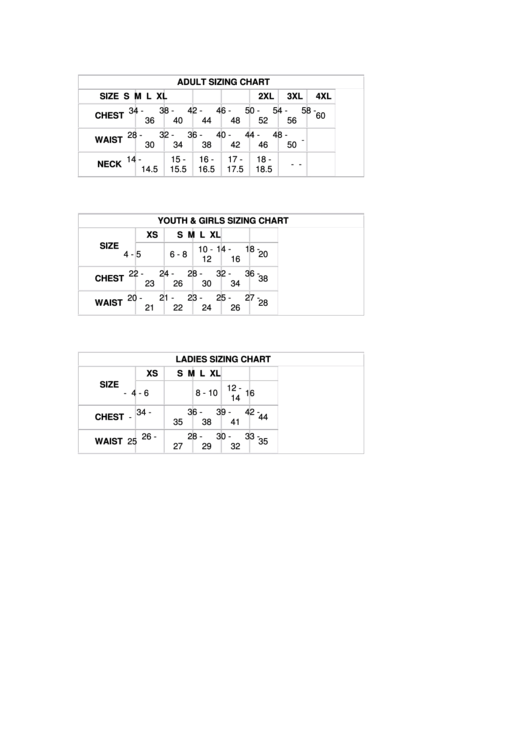 Adult Sizing Chart - Madison Top Printable pdf