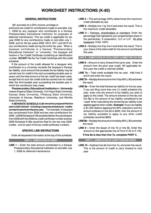 Instructions For Form K-85 - Worksheet For University Deferred Maintenance Credit Printable pdf
